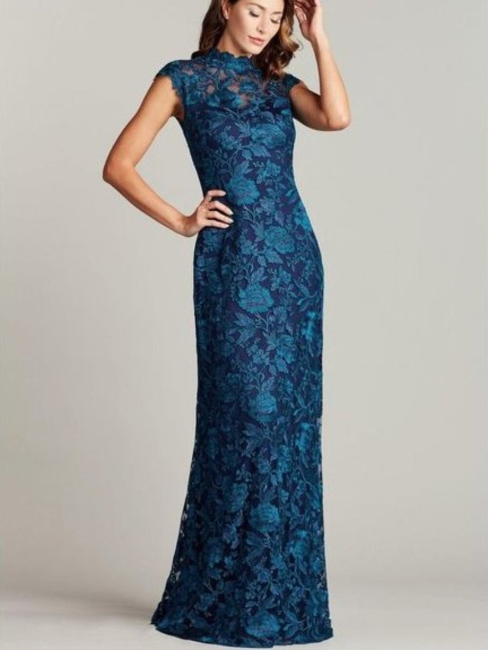 Tadashi Shoji NWT Blue Floral Lace Overlay Gown Dress Size 10 Floor Length